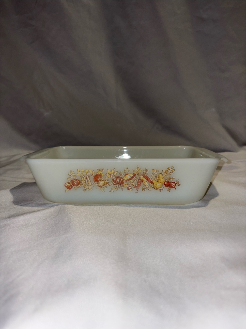 Vintage Anchor Milk Glass Bakeware Dish with Autumn Harvest Pattern